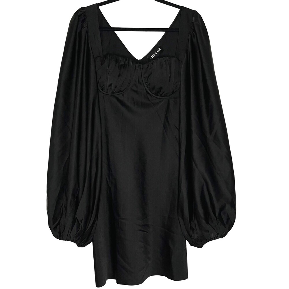 Jagger & Stone The Liv Mini Dress Womens 8 Black Satin Balloon Long Sleeve NWT